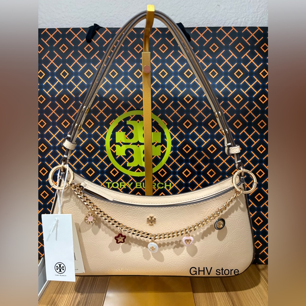 Tory burch Emerson charm Elegant Cream Shoulder Bag with Gold Accents